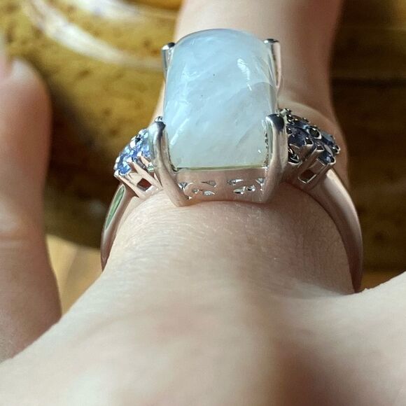 Natural Rainbow Moonstone Tanzanite Sterling Silver Ring Size 6 - Picture 2 of 9